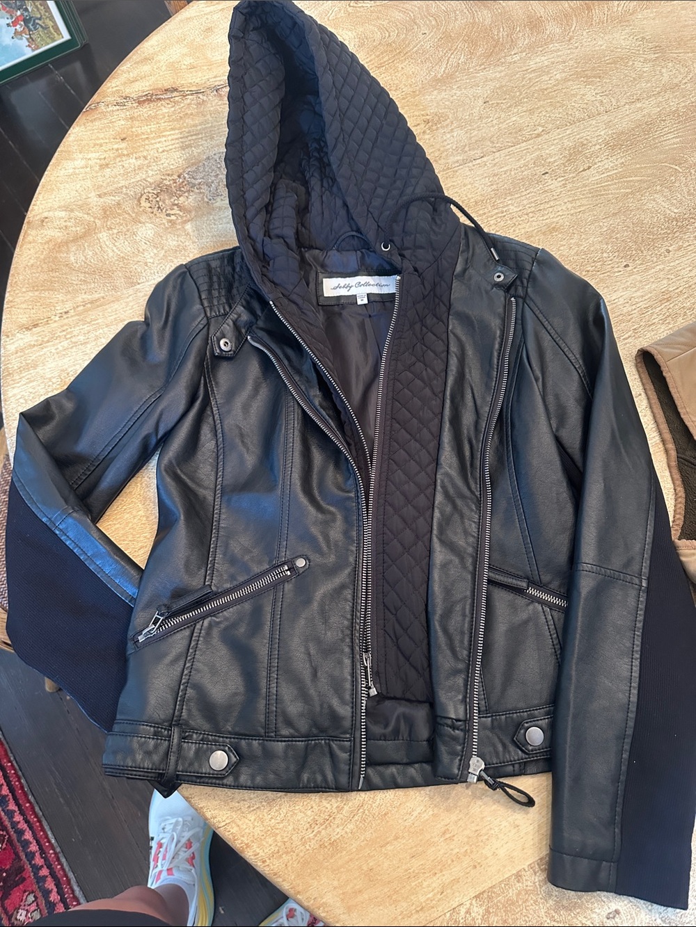 Black Quilted-Hood Faux Leather Jacket with Zip Pockets